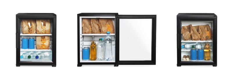 Image of Set of modern black minibars with drinks and snacks on white background. Banner design