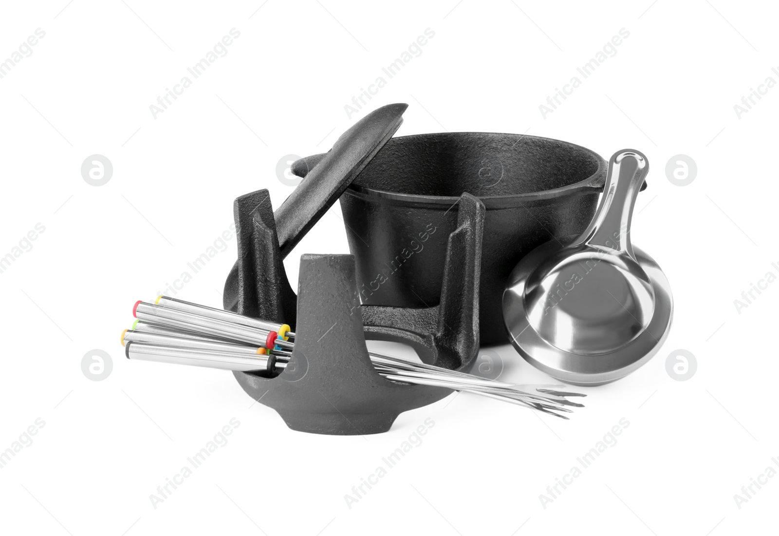 Photo of Fondue set isolated on white. Cooking utensils