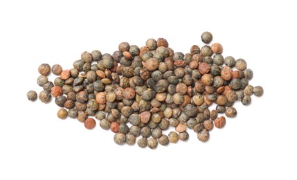 Photo of Pile of raw lentils isolated on white, top view