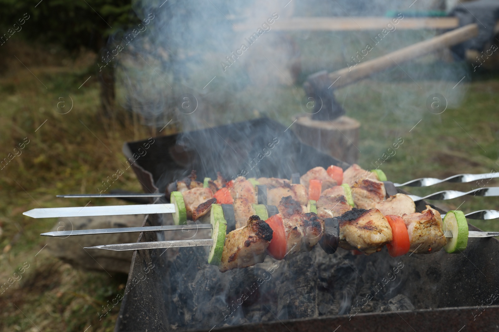 Photo of Cooking meat and vegetables on brazier outdoors