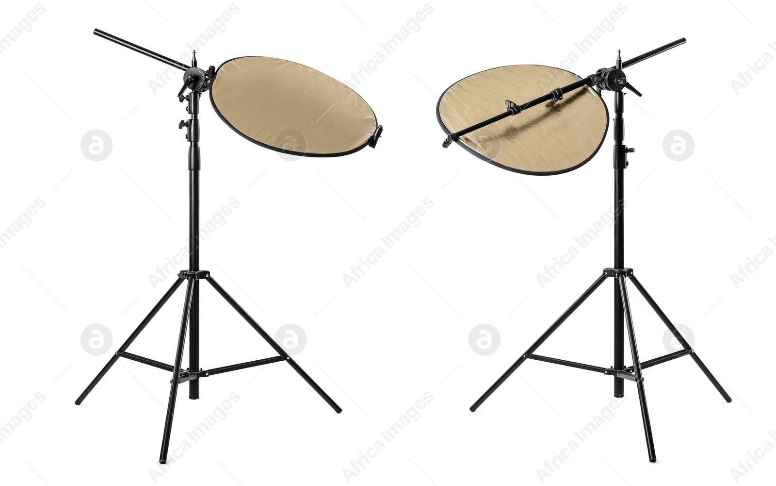 Image of Tripods with reflectors on white background. Professional photographer's equipment