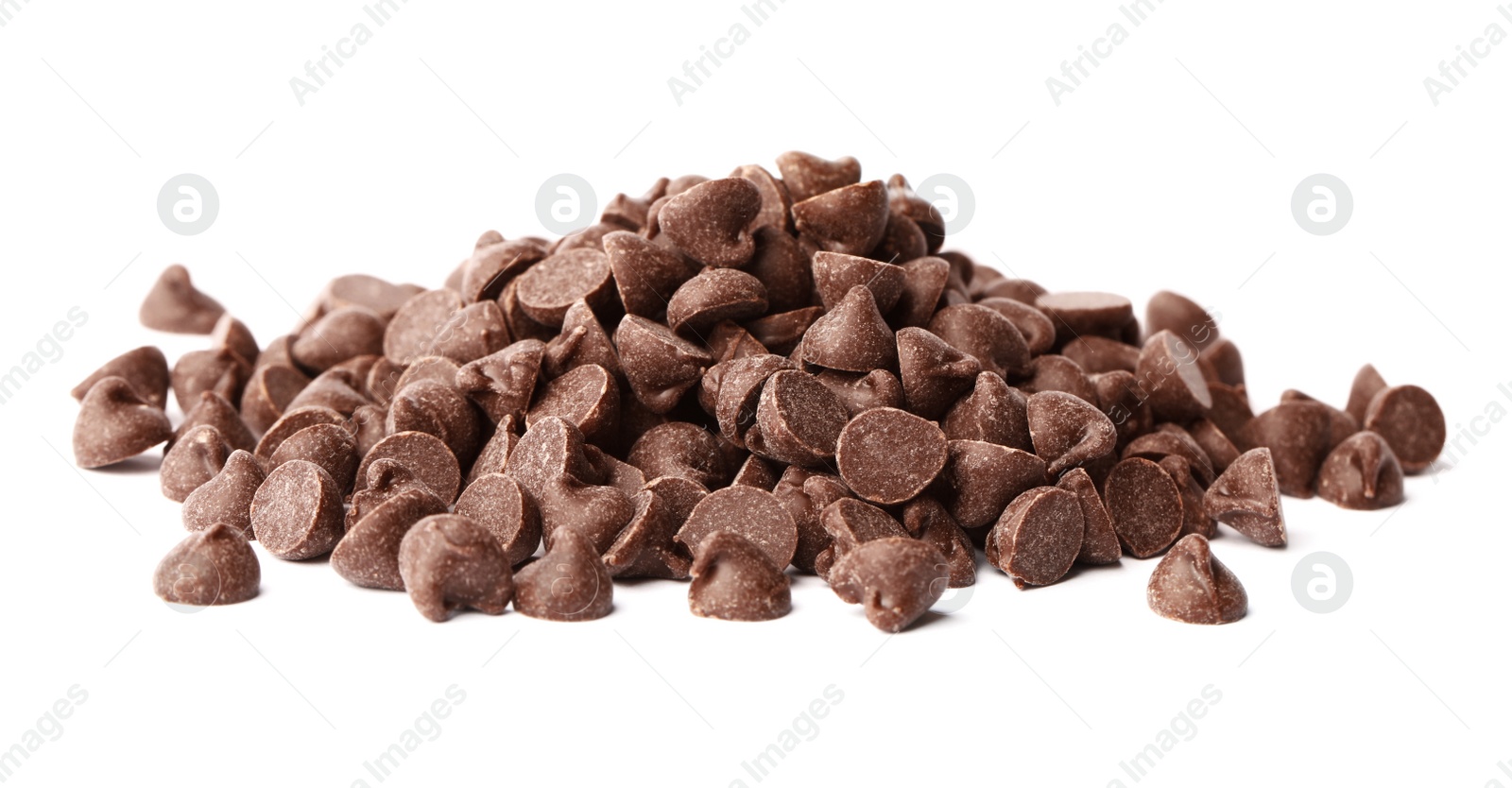 Photo of Pile of delicious chocolate chips isolated on white