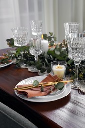 Stylish elegant table setting for festive dinner indoors