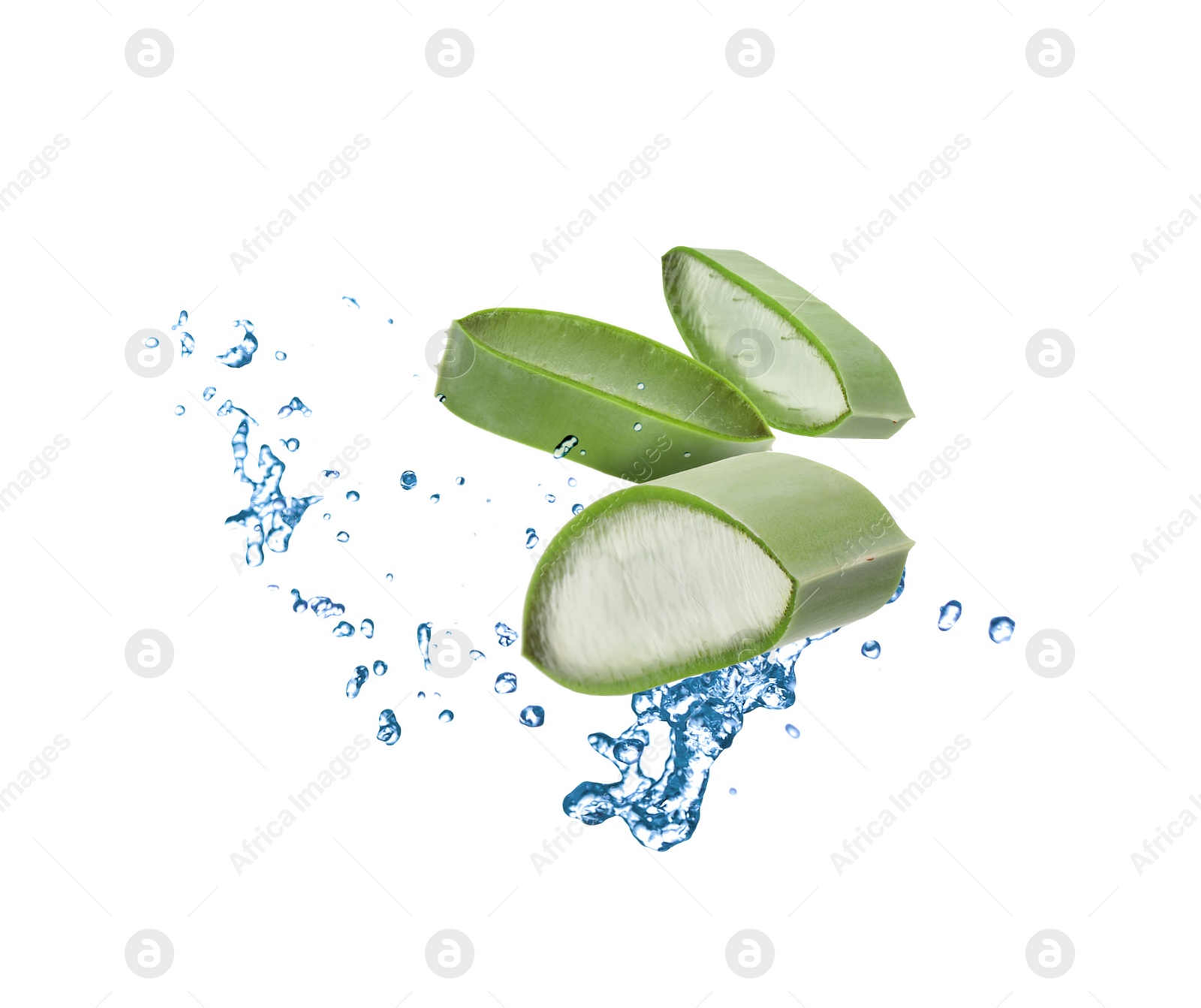 Image of Sliced aloe vera leaf and splashes of juice on white background