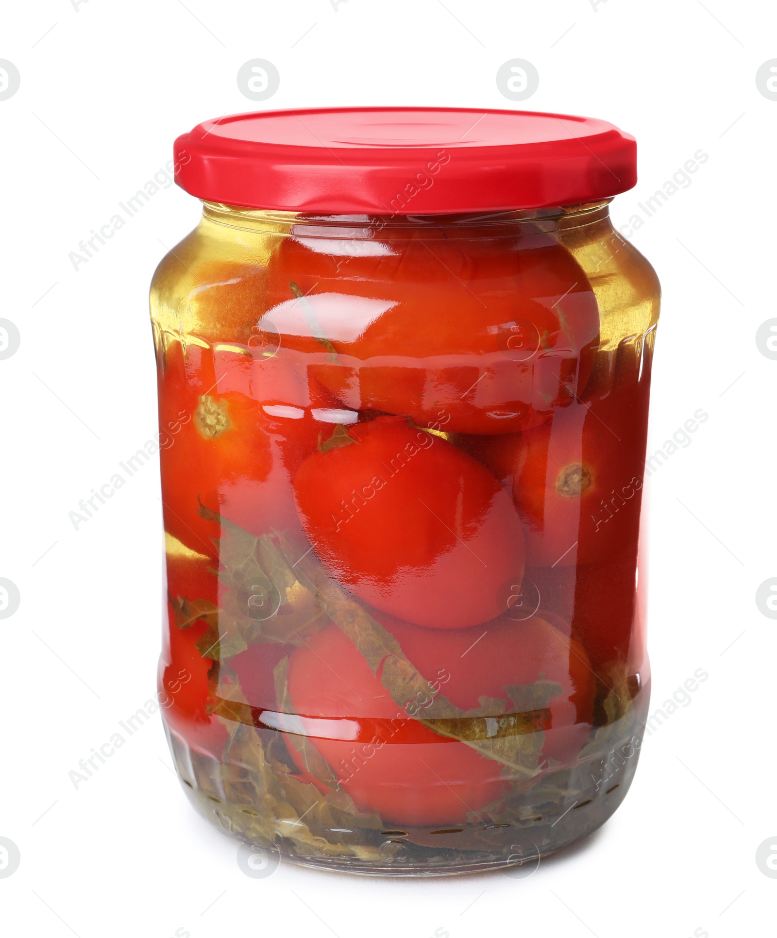 Photo of Glass jar with pickled tomatoes isolated on white