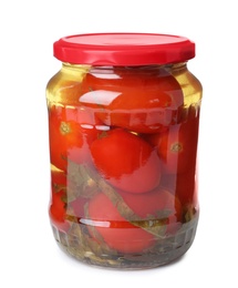 Photo of Glass jar with pickled tomatoes isolated on white