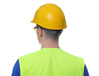 Photo of Young man wearing safety equipment on white background, back view