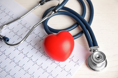 Stethoscope, red heart and cardiogram on table. Cardiology concept