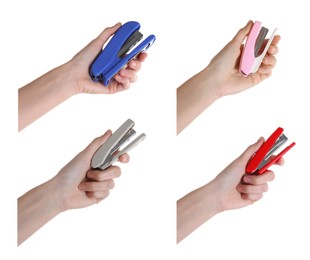 Image of Woman holding colorful staplers isolated on white, collection of photos