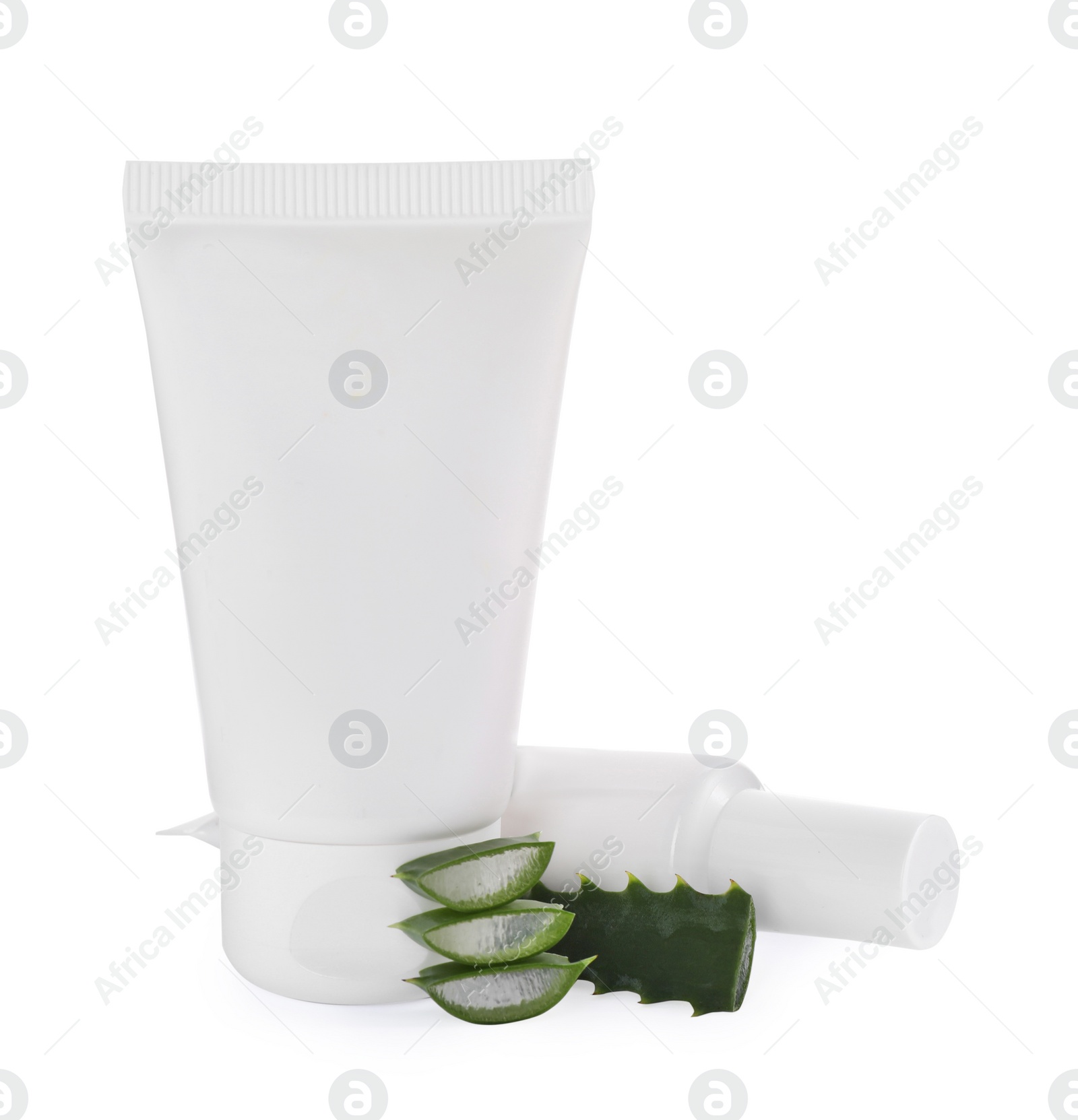 Photo of Tube of hand cream and aloe on white background