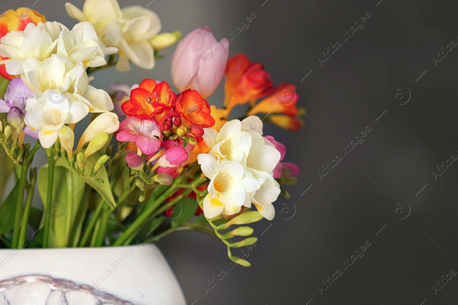 Photo of Beautiful bouquet of freesia flowers, closeup