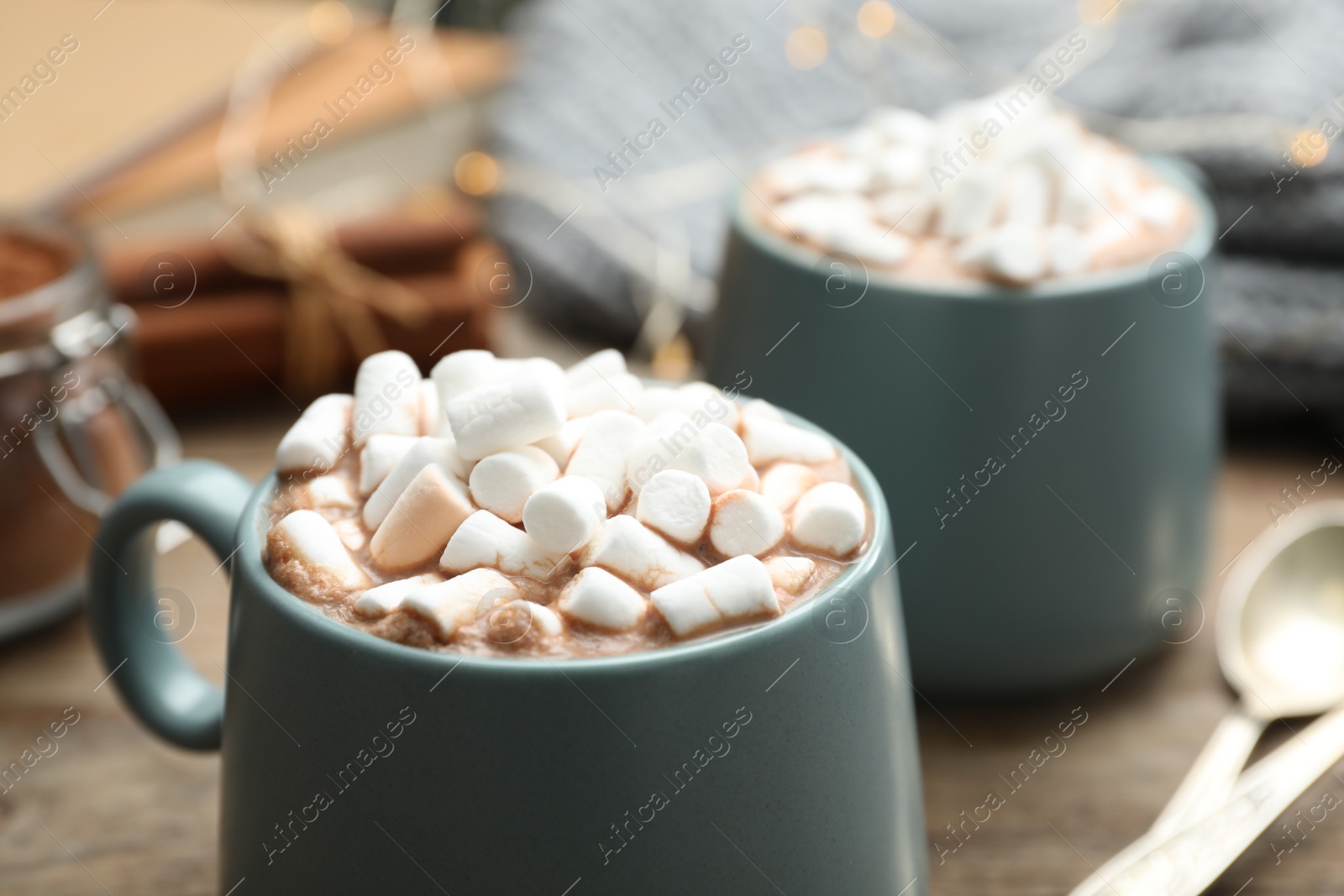 Photo of Cup of delicious hot cocoa with marshmallows, closeup