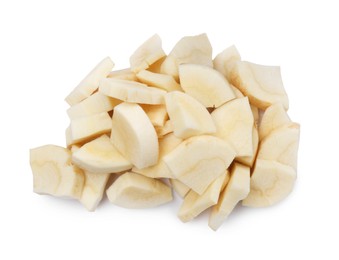 Pile of cut fresh parsnip on white background