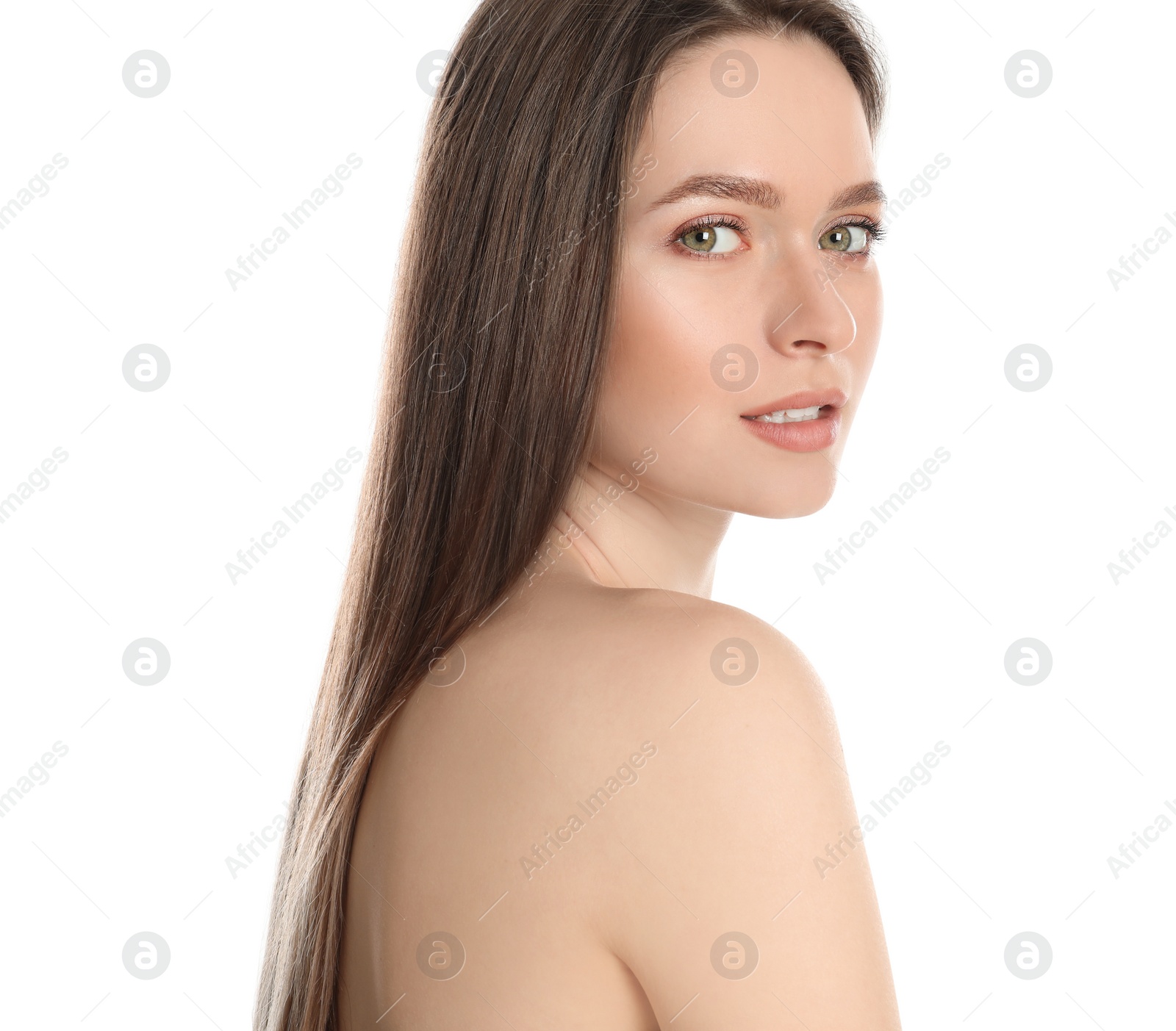 Photo of Portrait of young woman with beautiful face on white background