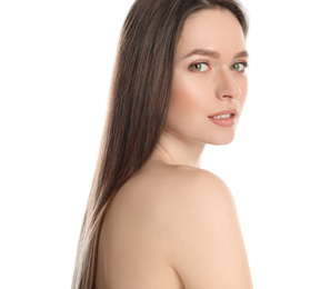 Photo of Portrait of young woman with beautiful face on white background