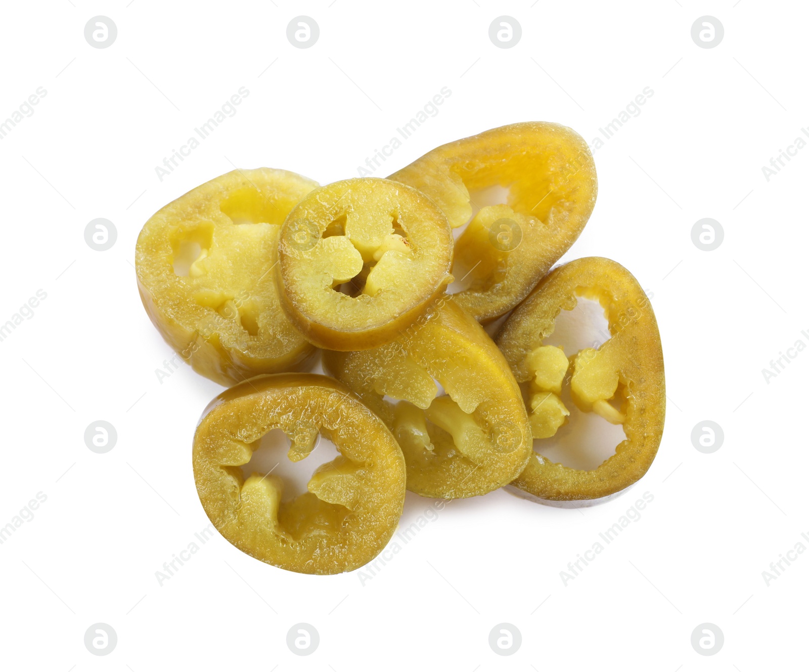 Photo of Slices of pickled green jalapenos on white background, top view