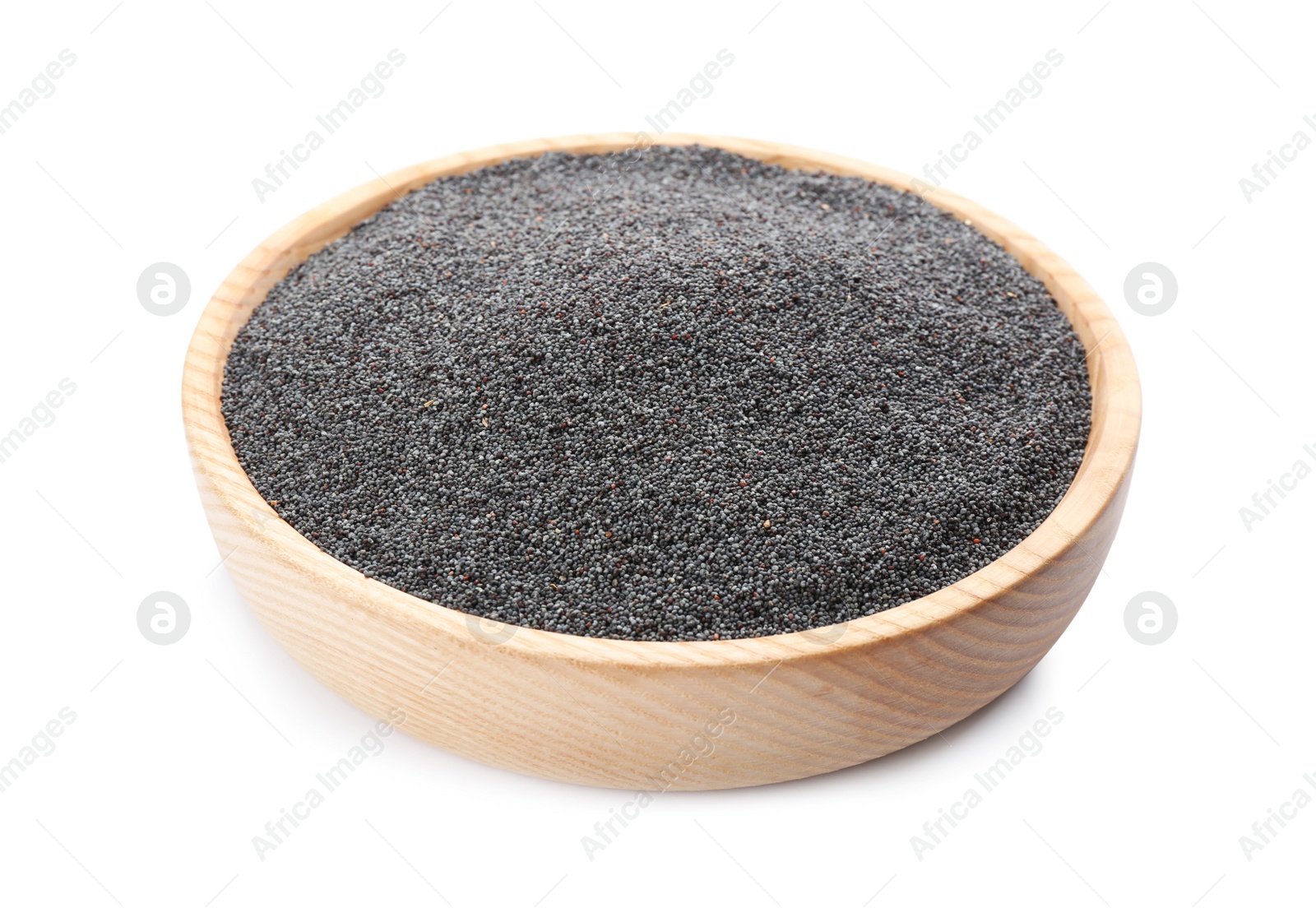 Photo of Poppy seeds in bowl isolated on white