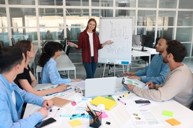 Photo of Team of employees having meeting in office. Startup project