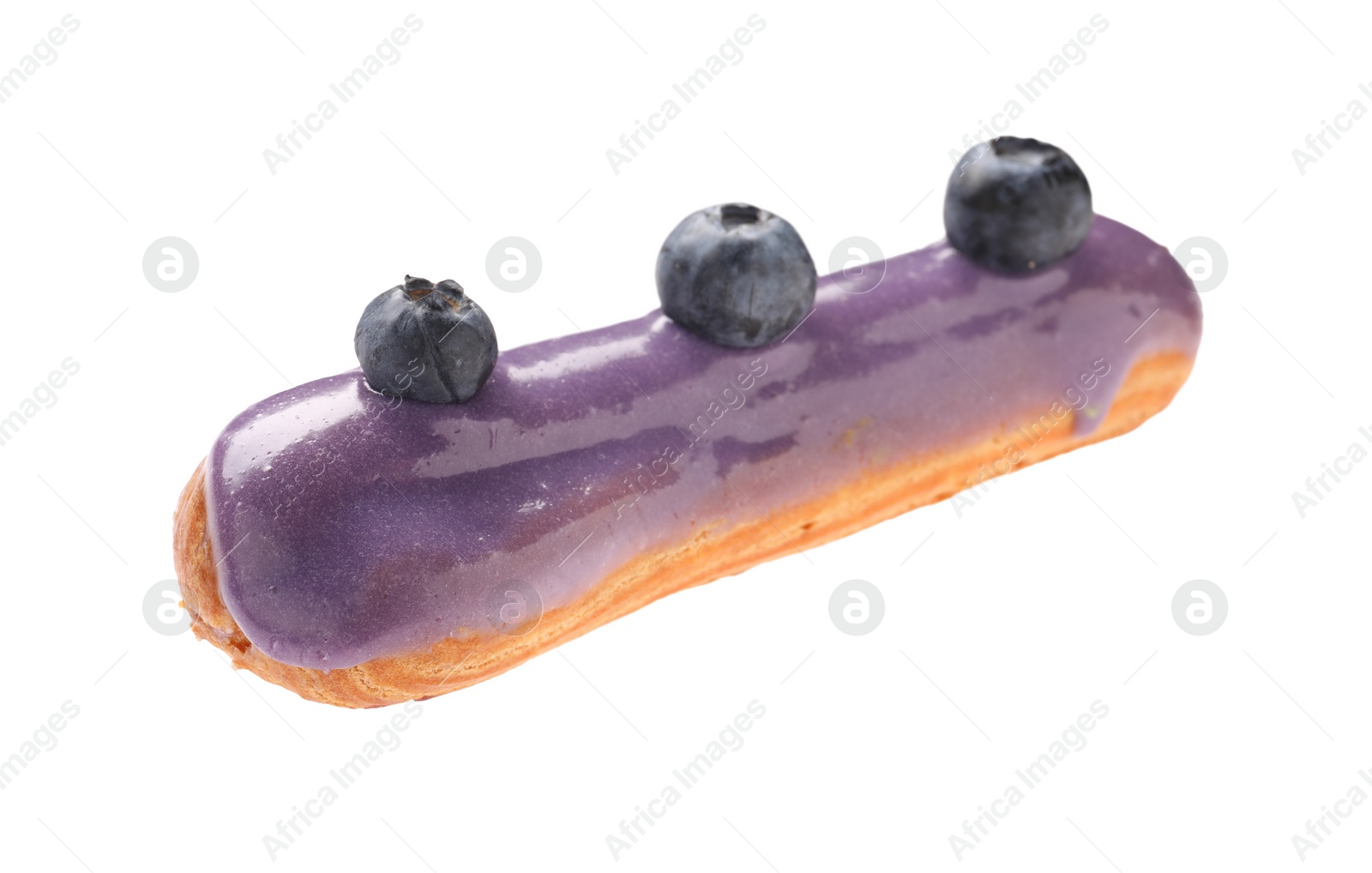 Photo of Delicious eclair decorated with blueberries isolated on white