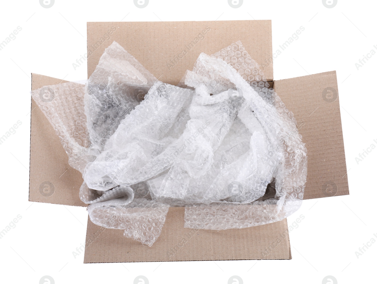 Photo of Transparent bubble wrap in cardboard box isolated on white, top view