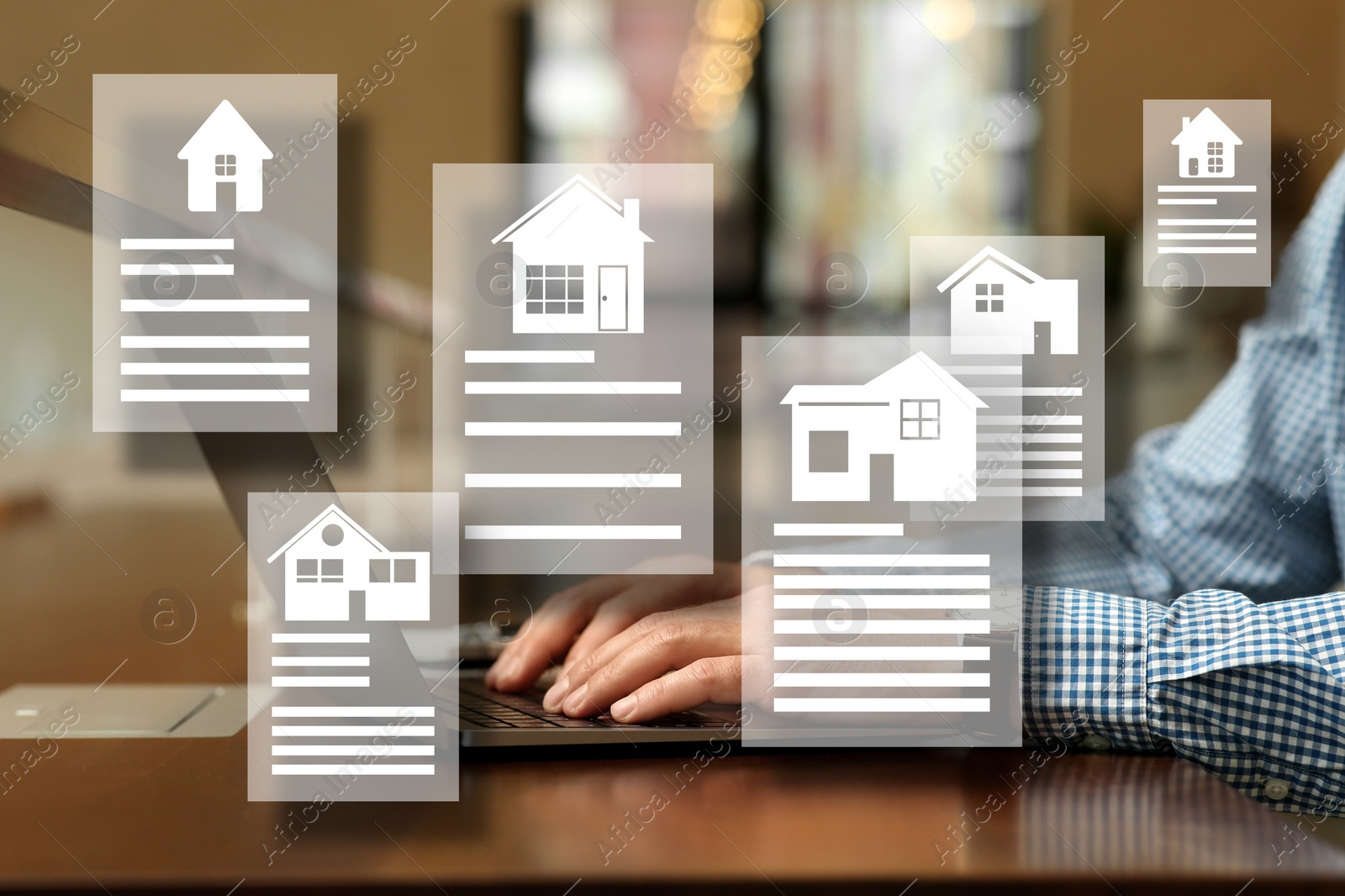 Image of House search. Man choosing home via laptop at table, closeup. Illustrations of different buildings as real estate variations