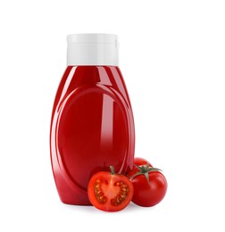 Bottle of tasty ketchup and fresh tomatoes isolated on white