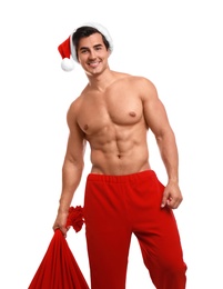 Photo of Sexy shirtless Santa Claus on white background