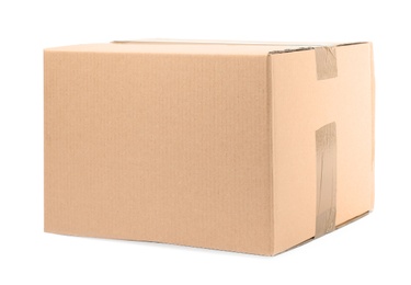 One closed cardboard box on white background