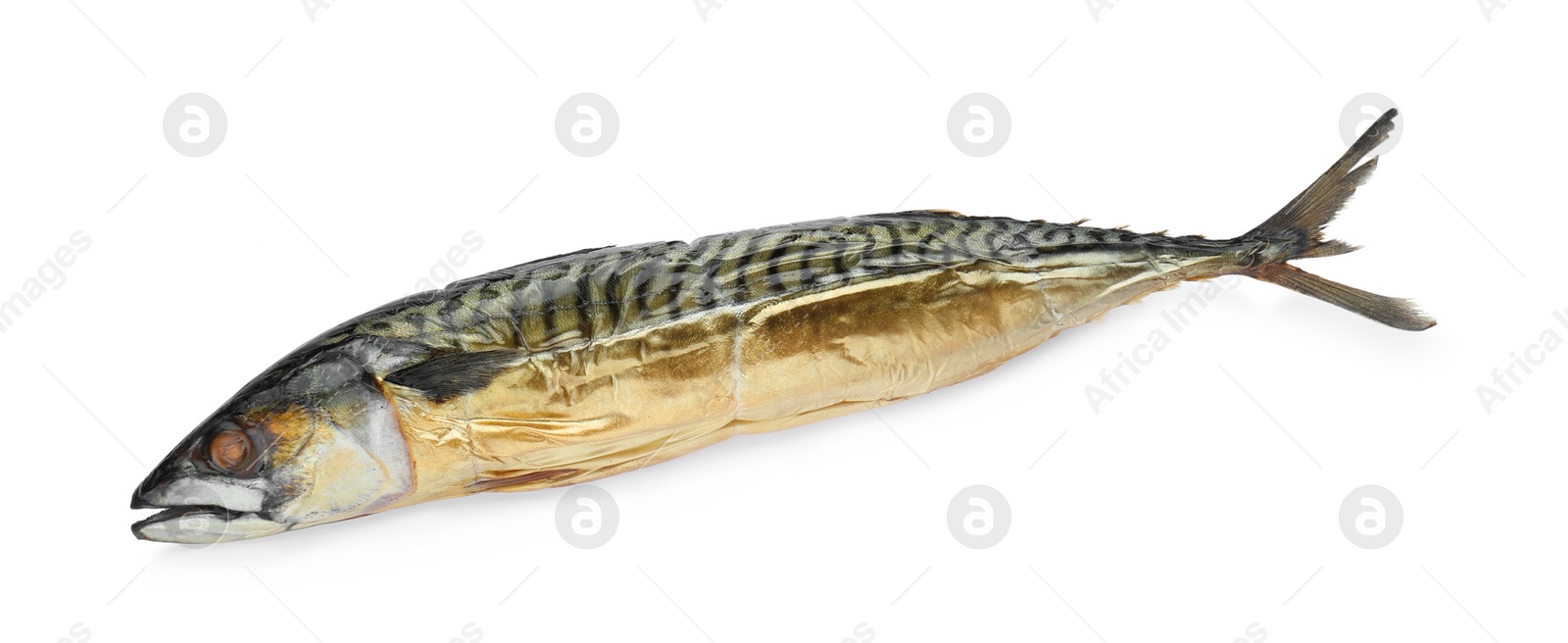 Photo of Delicious smoked mackerel isolated on white, top view