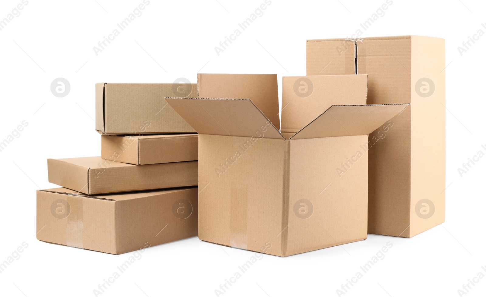 Photo of Pile of cardboard boxes on white background