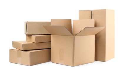 Pile of cardboard boxes on white background