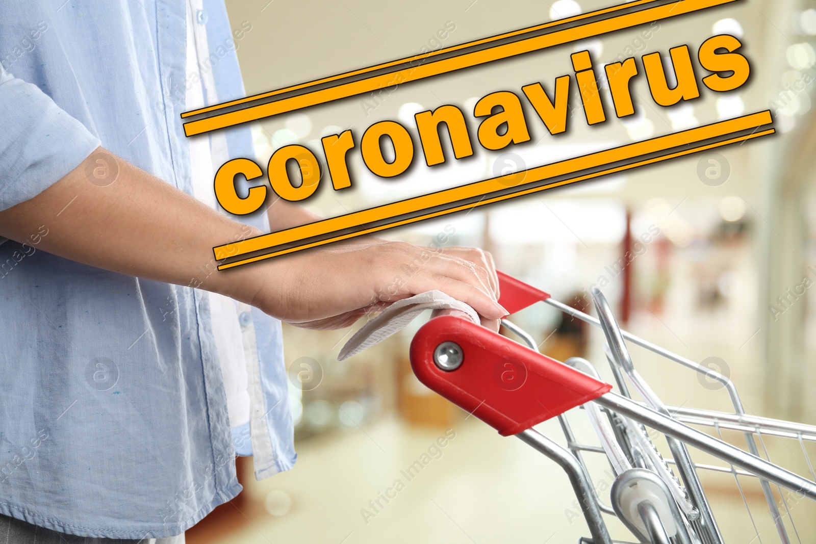 Image of Preventive measure in public places during coronavirus outbreak. Woman holding shopping cart handle with tissue paper at supermarket, closeup 