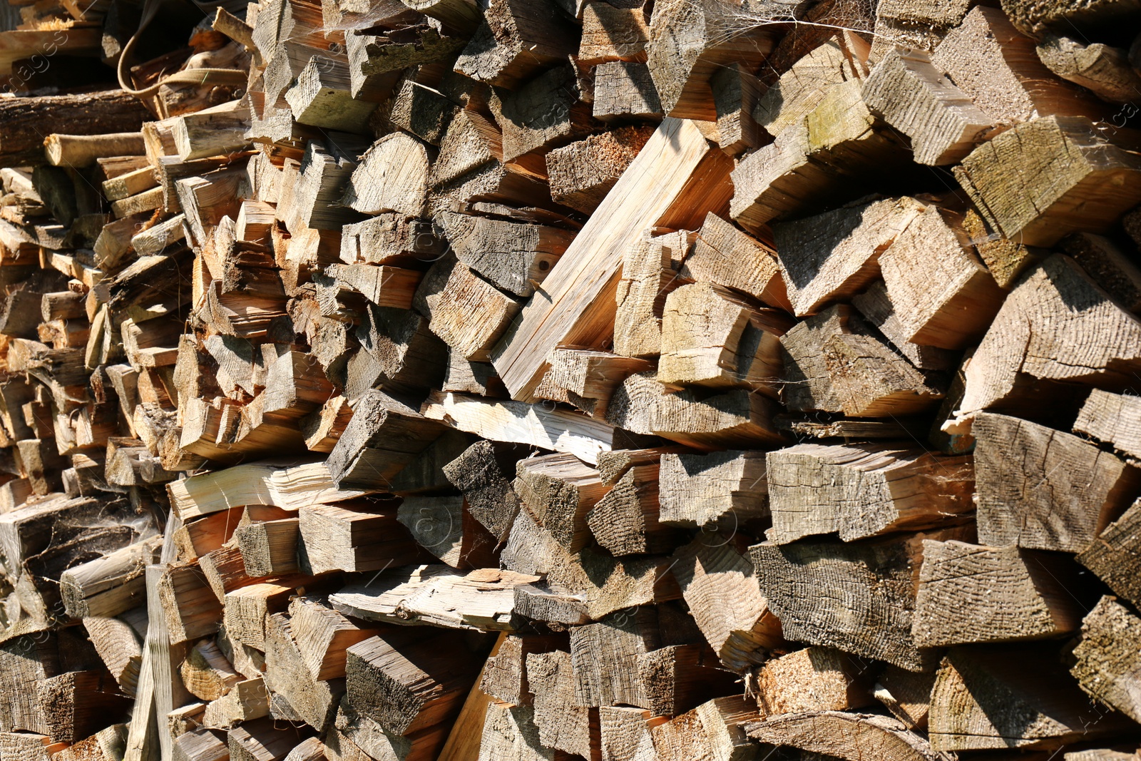 Photo of Stacked firewood as background. Heating house in winter