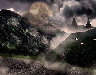 Image of Fantasy world. Mystical castle and mountains covering with fog in night