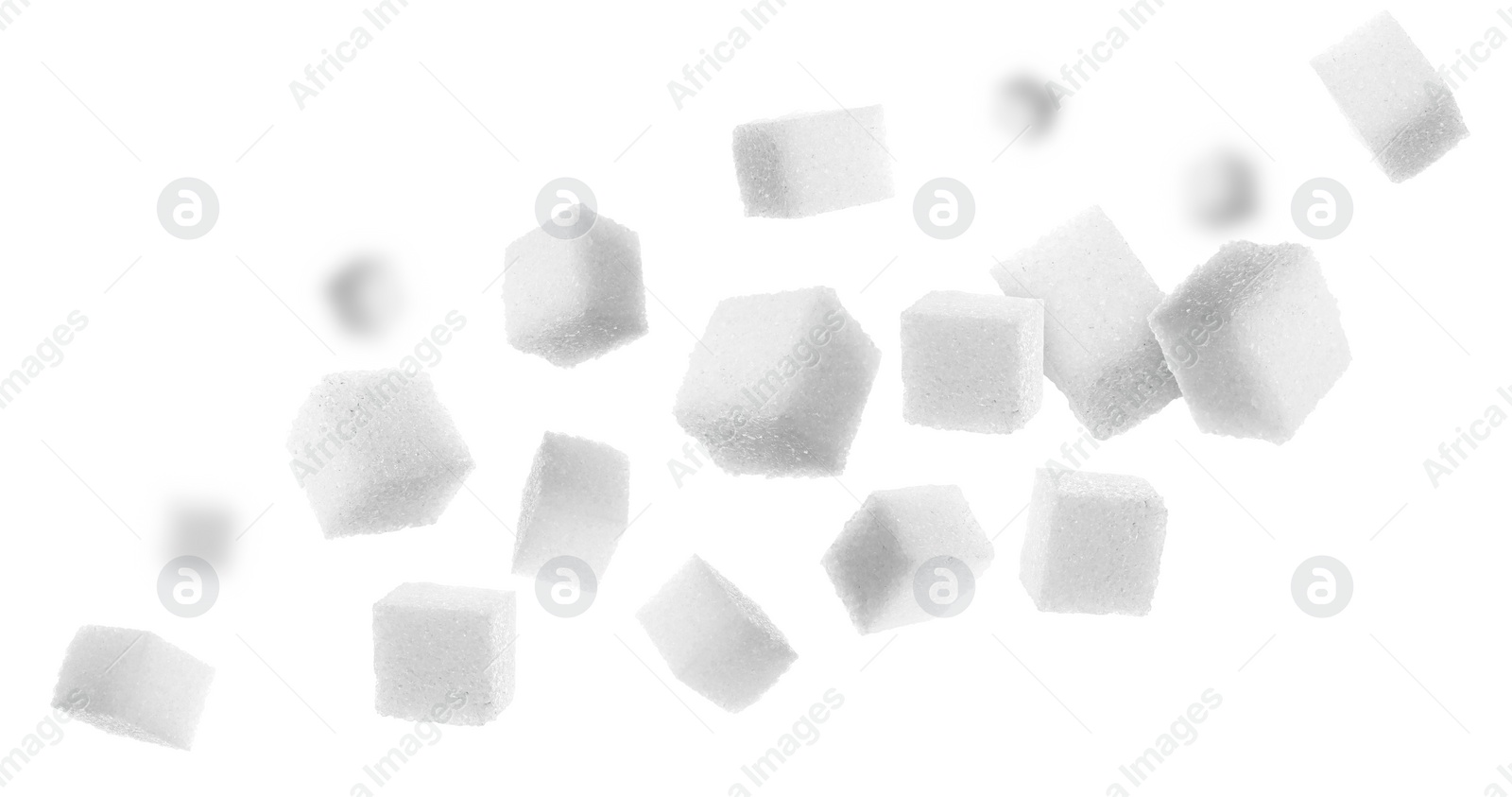 Image of Refined sugar cubes in air on white background