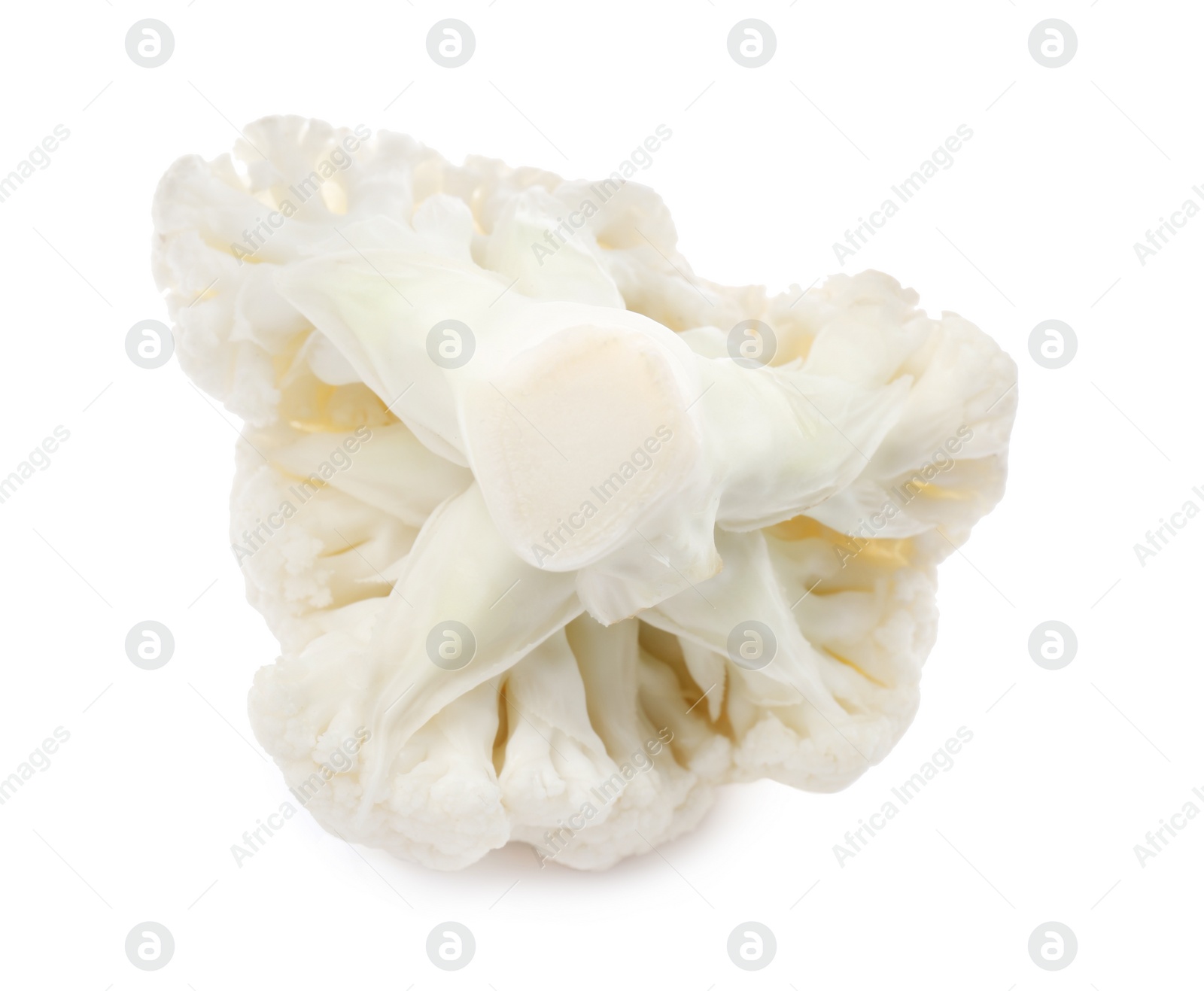 Photo of Cut fresh raw cauliflower on white background, top view