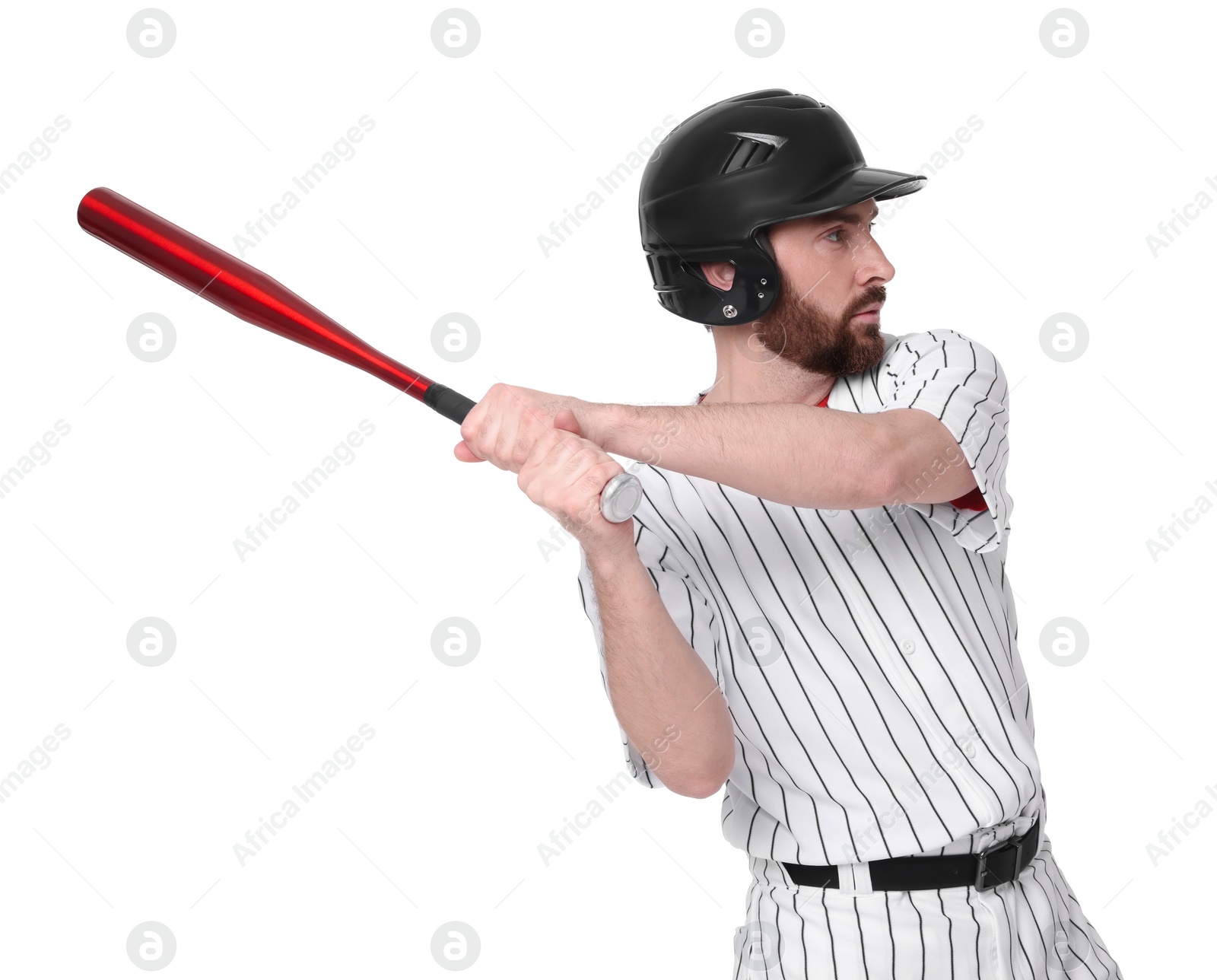 Photo of Baseball player taking swing with bat on white background