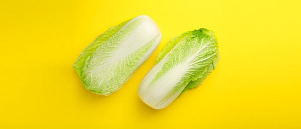 Image of Fresh ripe Chinese cabbages on yellow background, top view. Banner design