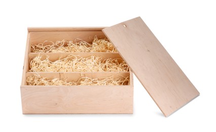 Open wooden wine box with straw isolated on white