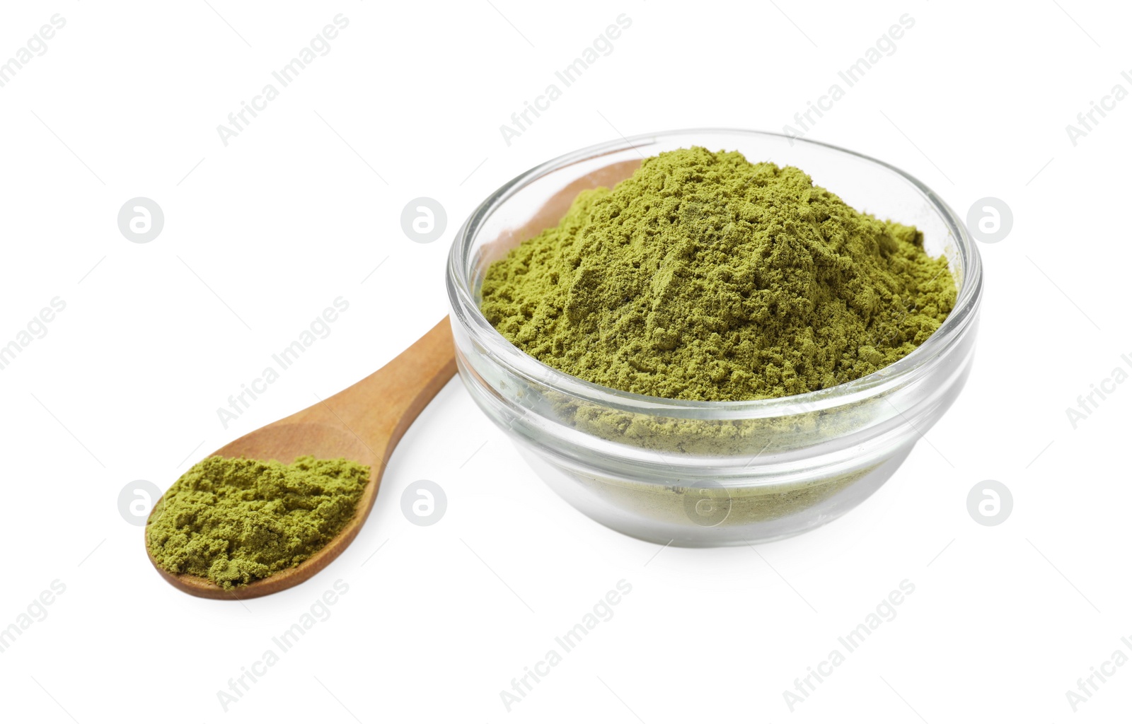 Photo of Henna powder in glass bowl and spoon isolated on white