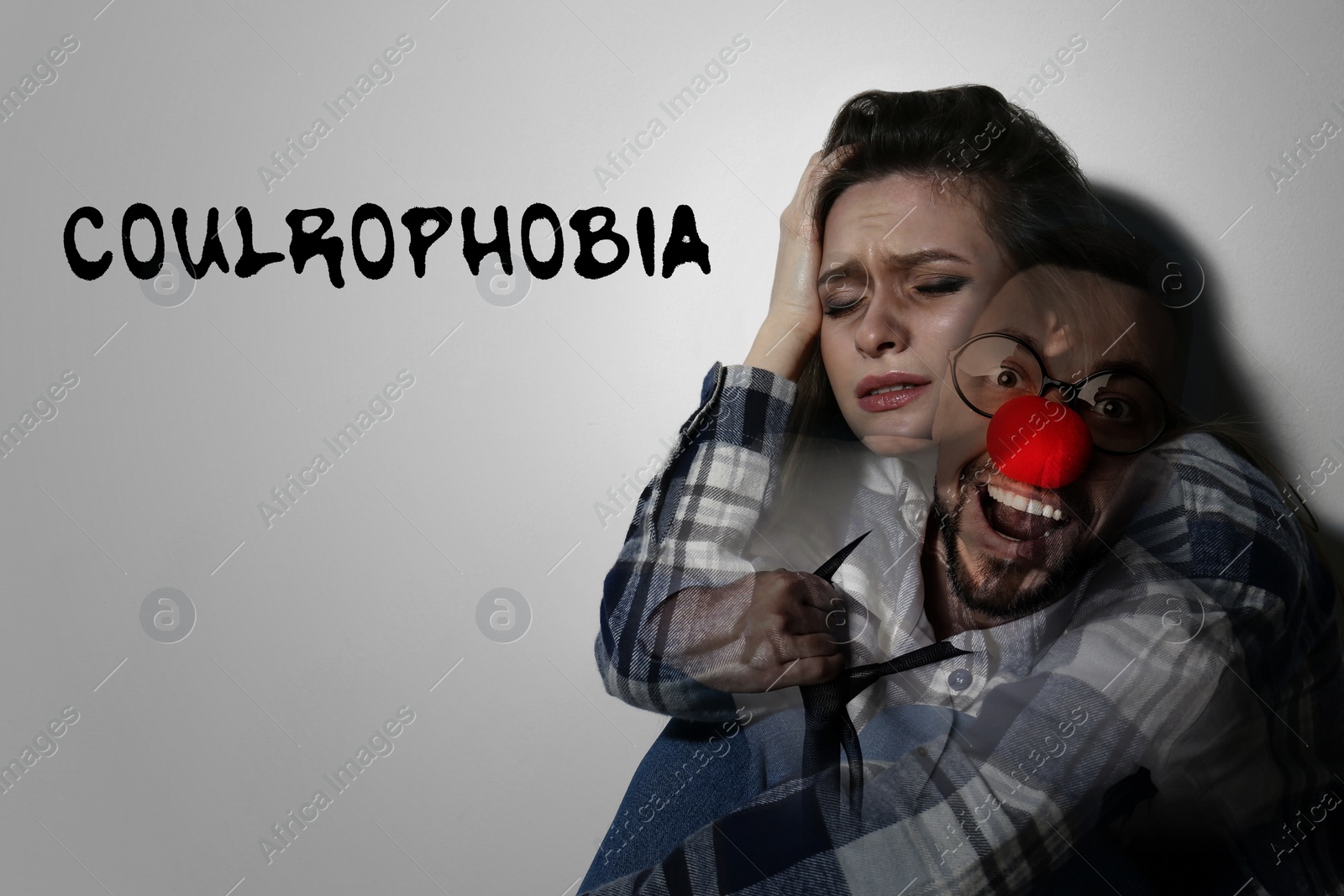 Image of Coulrophobia concept. Double exposure of scared woman and clown