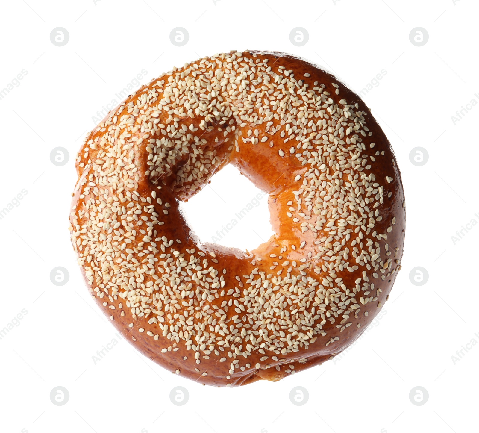 Photo of Delicious fresh bagel with sesame seeds isolated on white