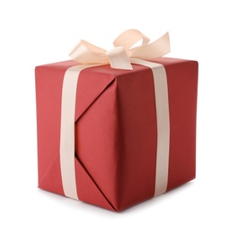 Beautiful gift box with ribbon on white background