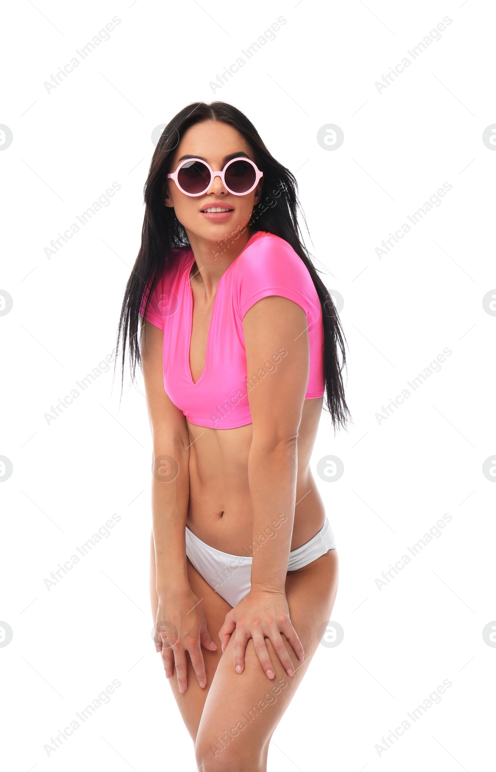 Photo of Beautiful young woman in stylish bikini with sunglasses on white background