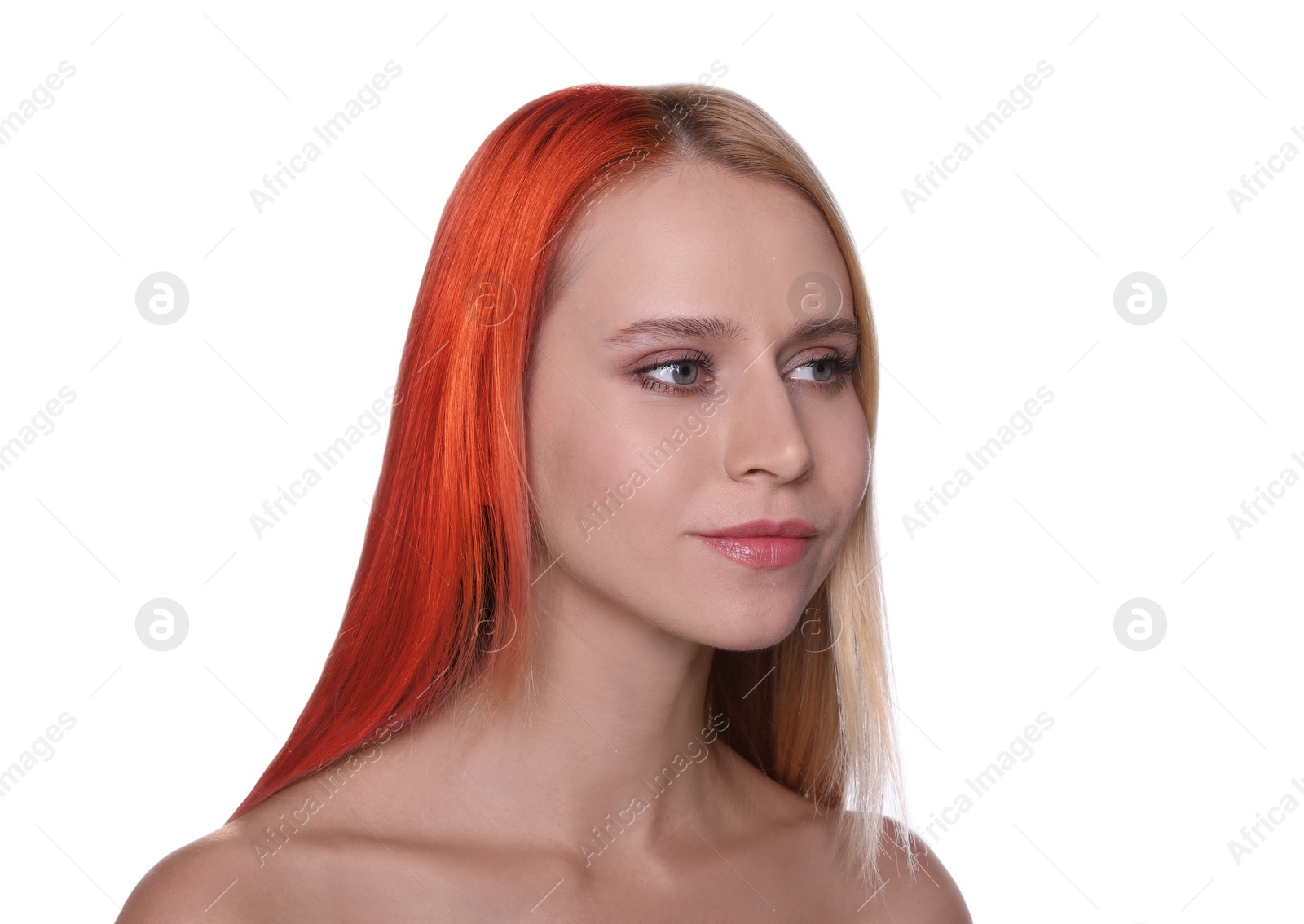 Image of Beautiful young woman before and after hair dyeing on white background 