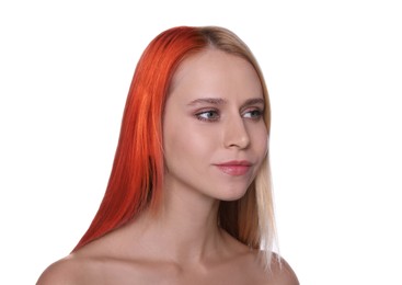 Image of Beautiful young woman before and after hair dyeing on white background 