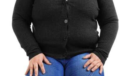 Photo of Overweight woman on white background, closeup