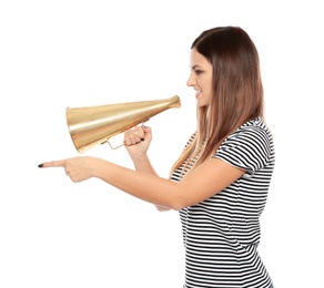 Photo of Emotional young woman with megaphone on white background