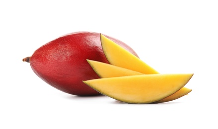 Photo of Delicious ripe mangoes on white background. Tropical fruit