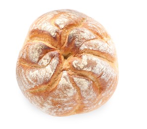 Photo of Loaf of tasty wheat sodawater bread isolated on white, top view